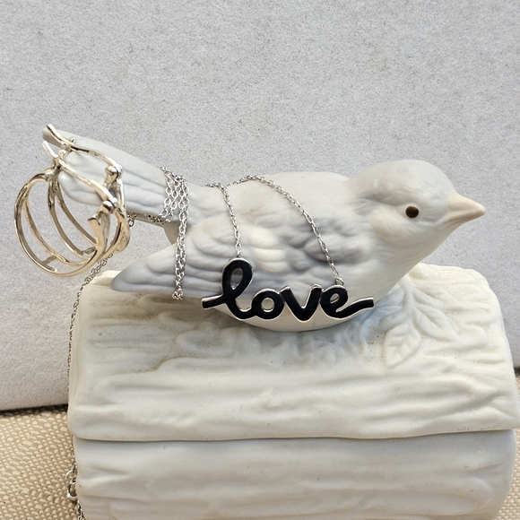 SET! 925 Silver Cursive Love Pendant with 925 Silver Hoop Earrings SET! - Picture 4 of 16